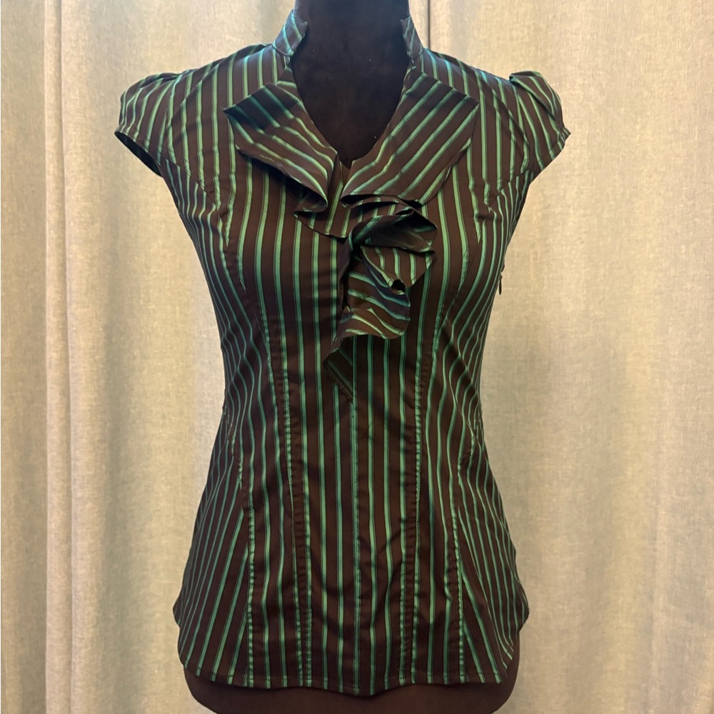 Express Black and Green Ruffled Fitted Blouse